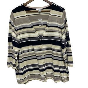 Isaac‎ Mizrahi Live Cardigan Womens 3X Neutral Stripe 3/4 Sleeve Sweater Button